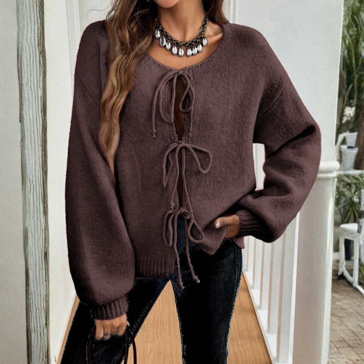 ADRIENNE™ - Chic Long Sleeve Round Neck Tie Front Cardigan