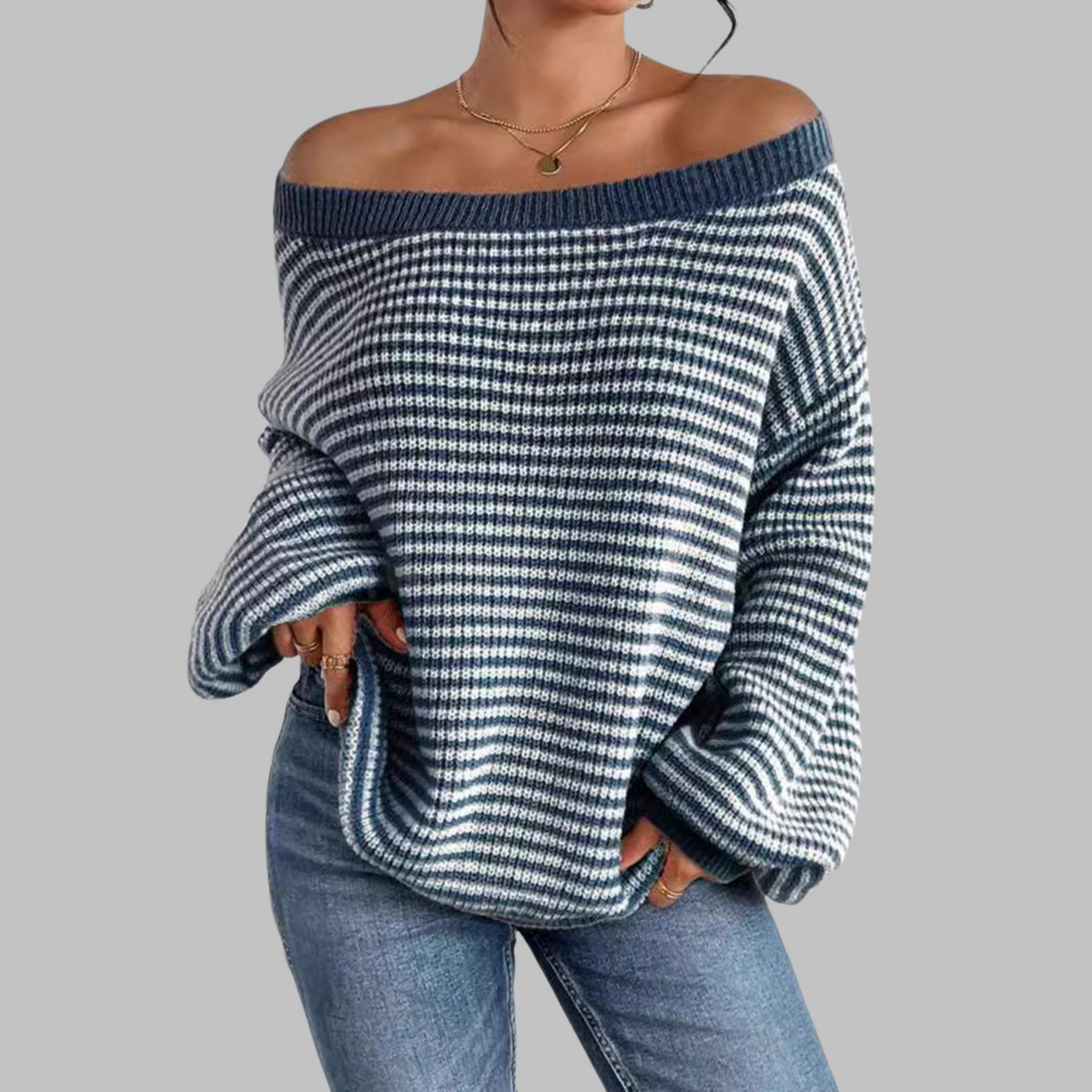 QUILLA™ - Casual Striped Drop Shoulder Long Sleeve Sweater