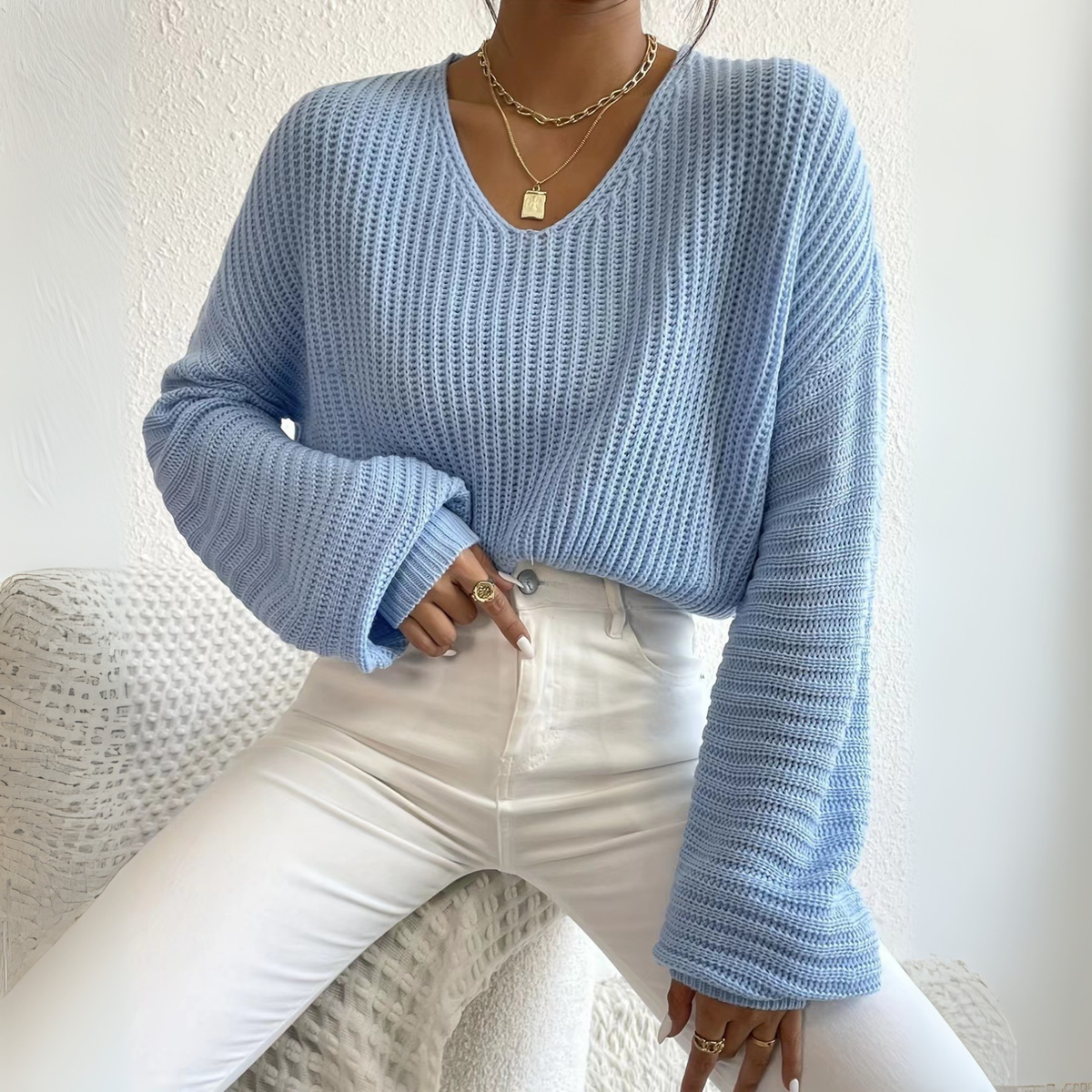 ALESI™ - Cozy Long Sleeve V-Neck Sweater