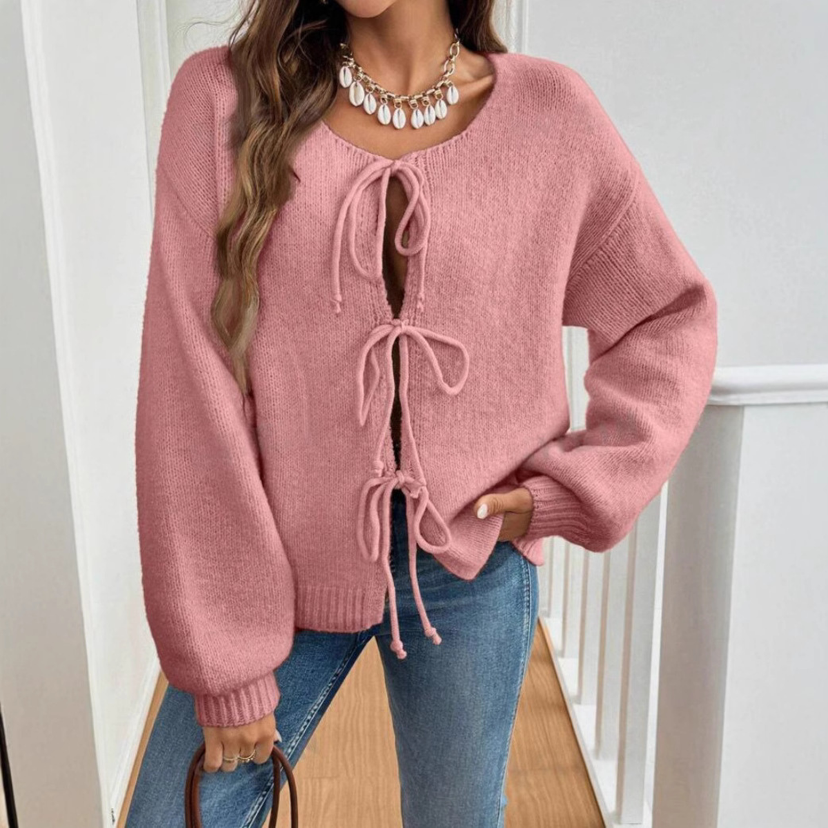 ADRIENNE™ - Chic Long Sleeve Round Neck Tie Front Cardigan
