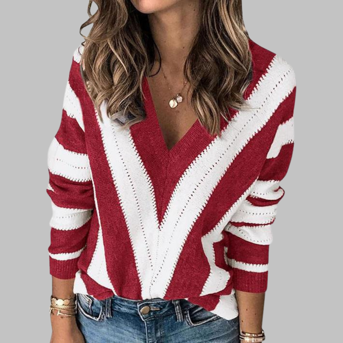 IMANI™ - Casual V-Neck Striped Long Sleeve Sweater