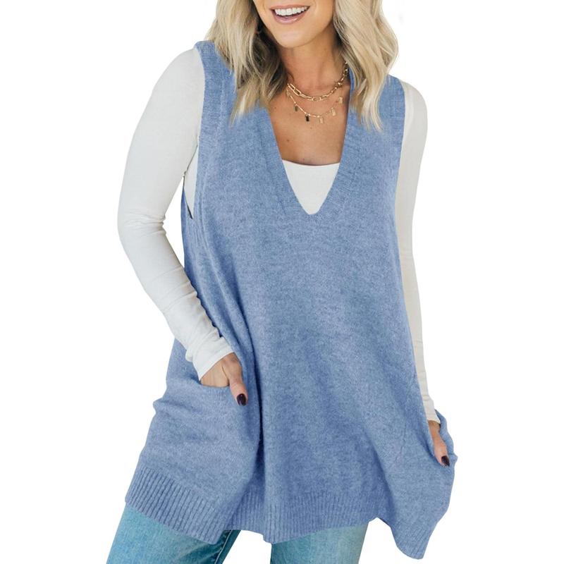 AMBER™ - Casual Sleeveless V Neck Tunic Knit Vest with Side Pockets