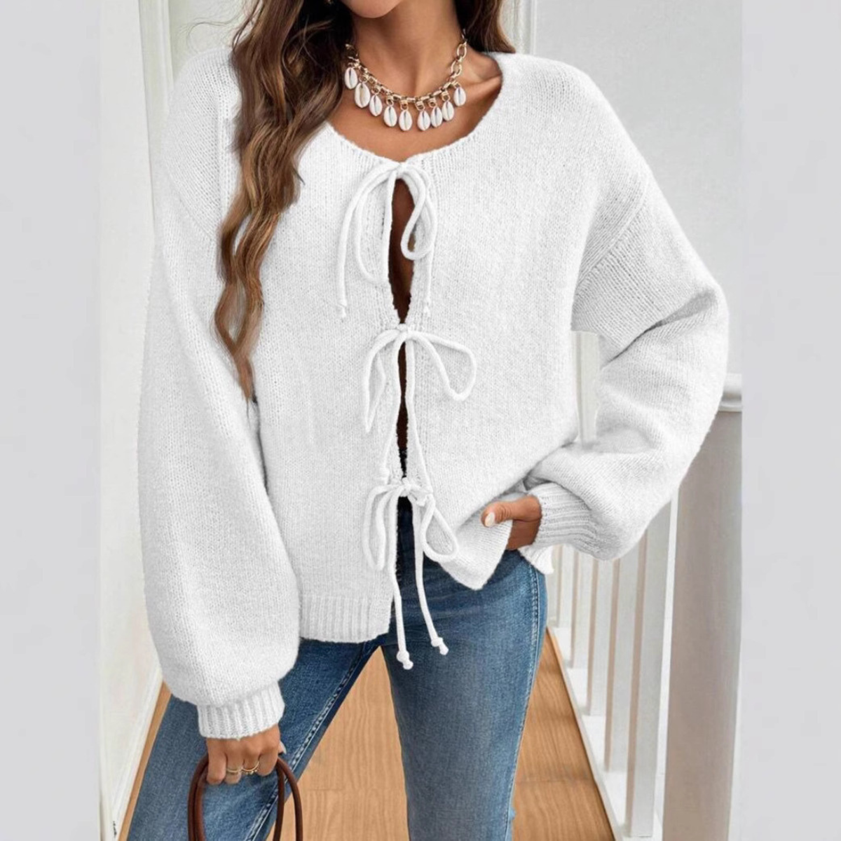 ADRIENNE™ - Chic Long Sleeve Round Neck Tie Front Cardigan