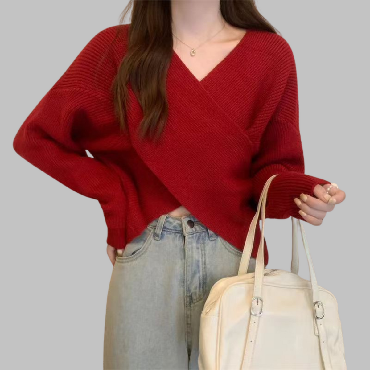 QUENNELL™ - Chic V-Neck Long Sleeve Wrap Front Sweater