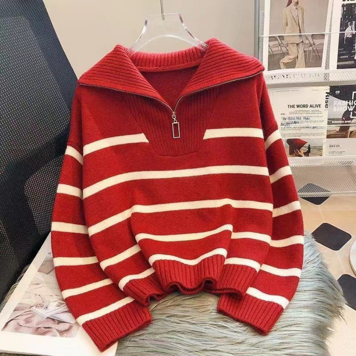 NEVAEH™ - Chic Striped Long Sleeve Collared Top