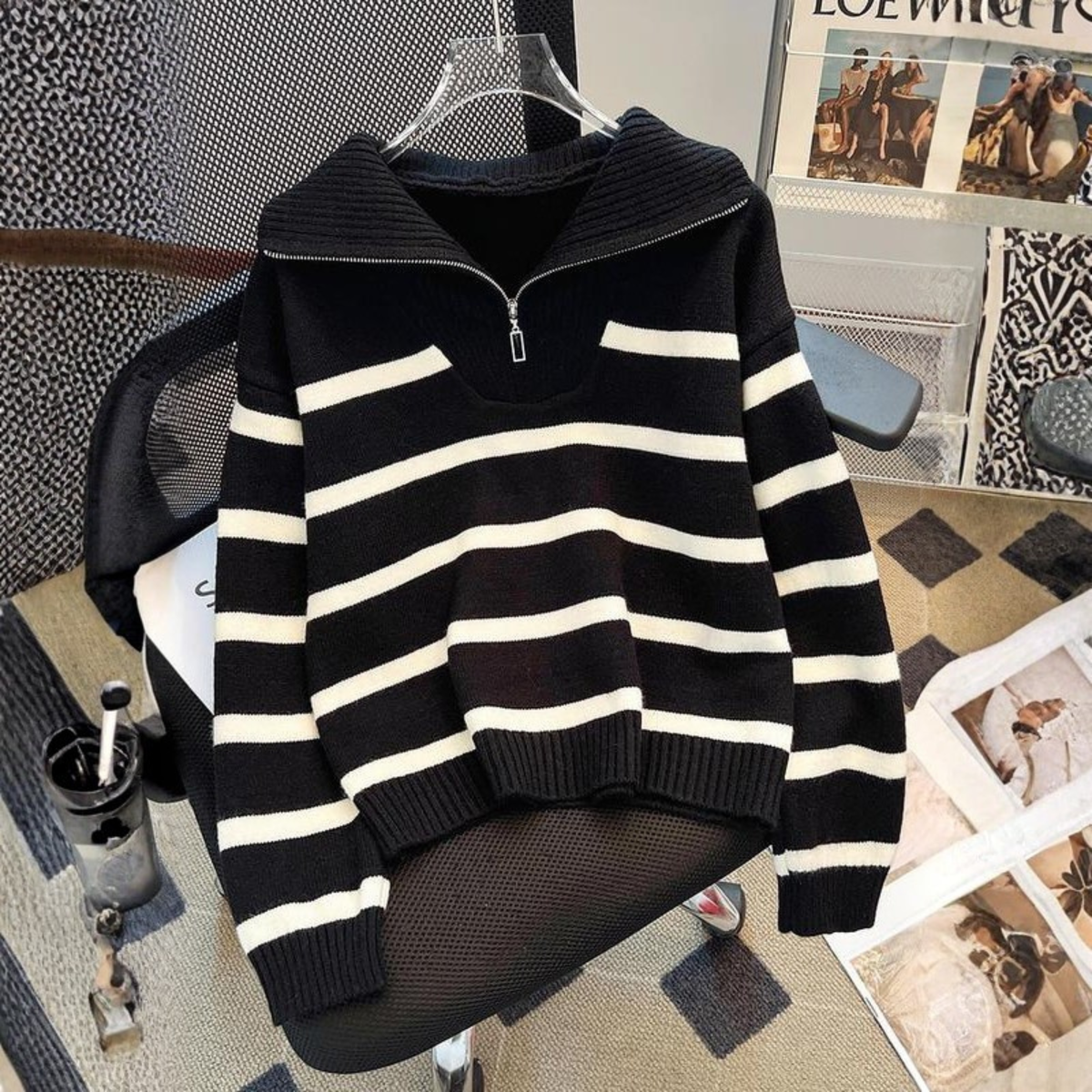 NEVAEH™ - Chic Striped Long Sleeve Collared Top