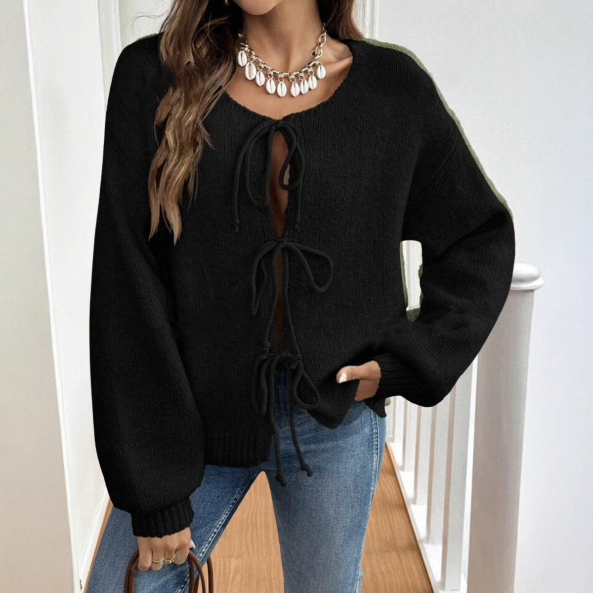 ADRIENNE™ - Chic Long Sleeve Round Neck Tie Front Cardigan