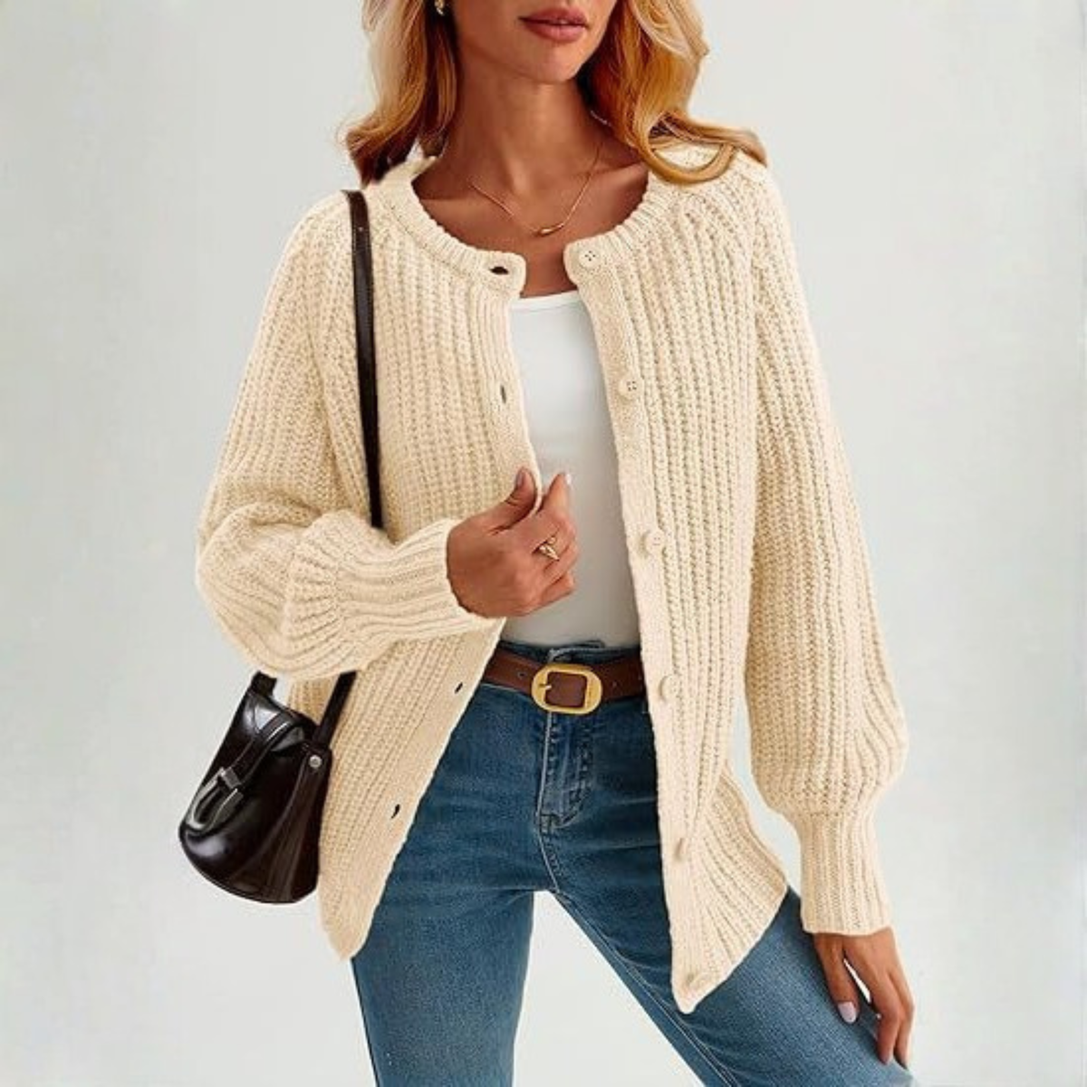 ELOWEN™ - Comfy Plain Button Down Long Sleeve Round Neck Cardigan