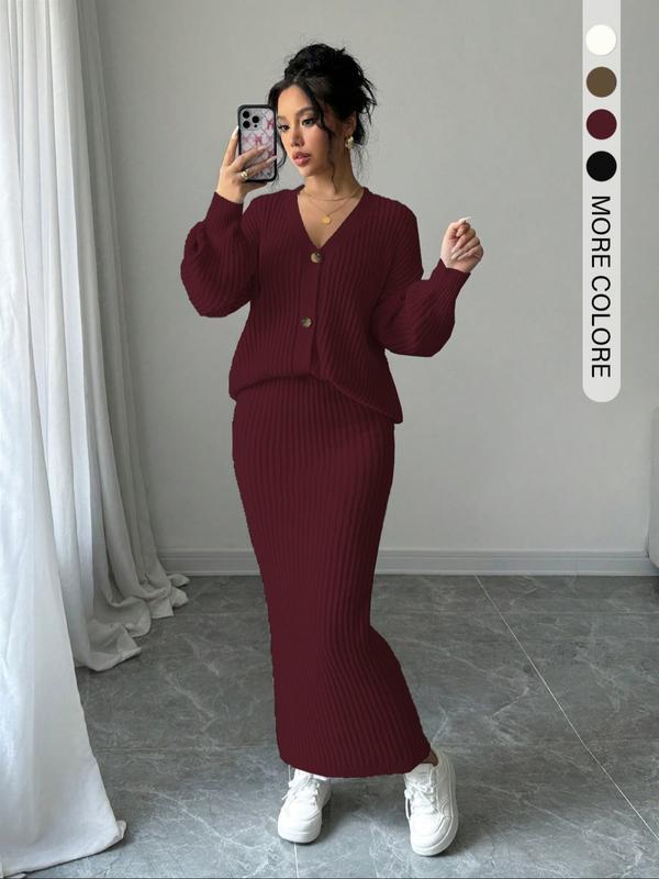 LEA™ - Solid Button Front Sweater & Long Skirt Knit Set