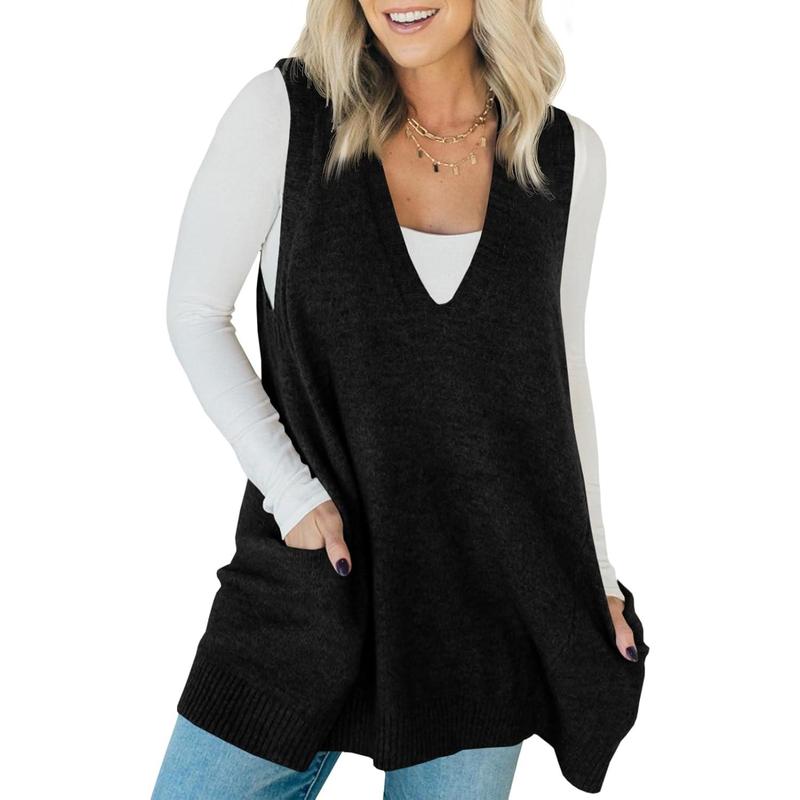 AMBER™ - Casual Sleeveless V Neck Tunic Knit Vest with Side Pockets