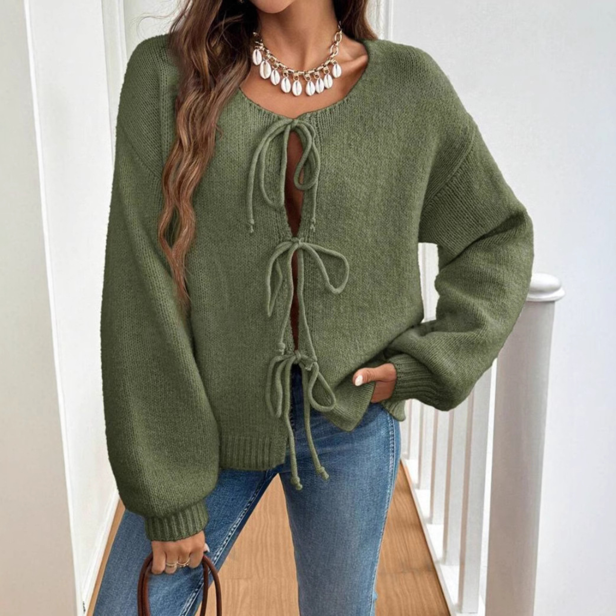 ADRIENNE™ - Chic Long Sleeve Round Neck Tie Front Cardigan