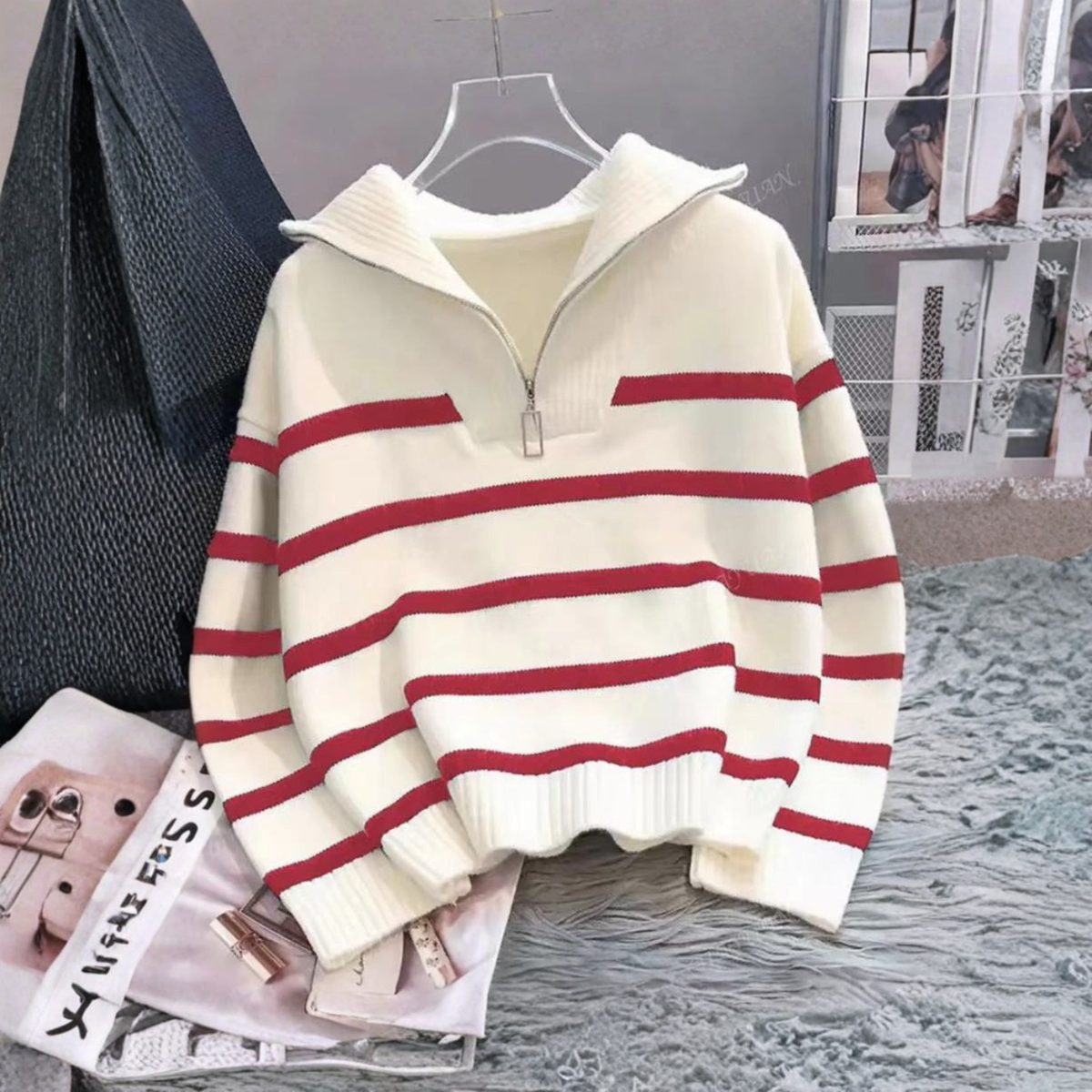 NEVAEH™ - Chic Striped Long Sleeve Collared Top