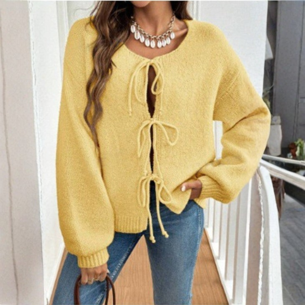 ADRIENNE™ - Chic Long Sleeve Round Neck Tie Front Cardigan