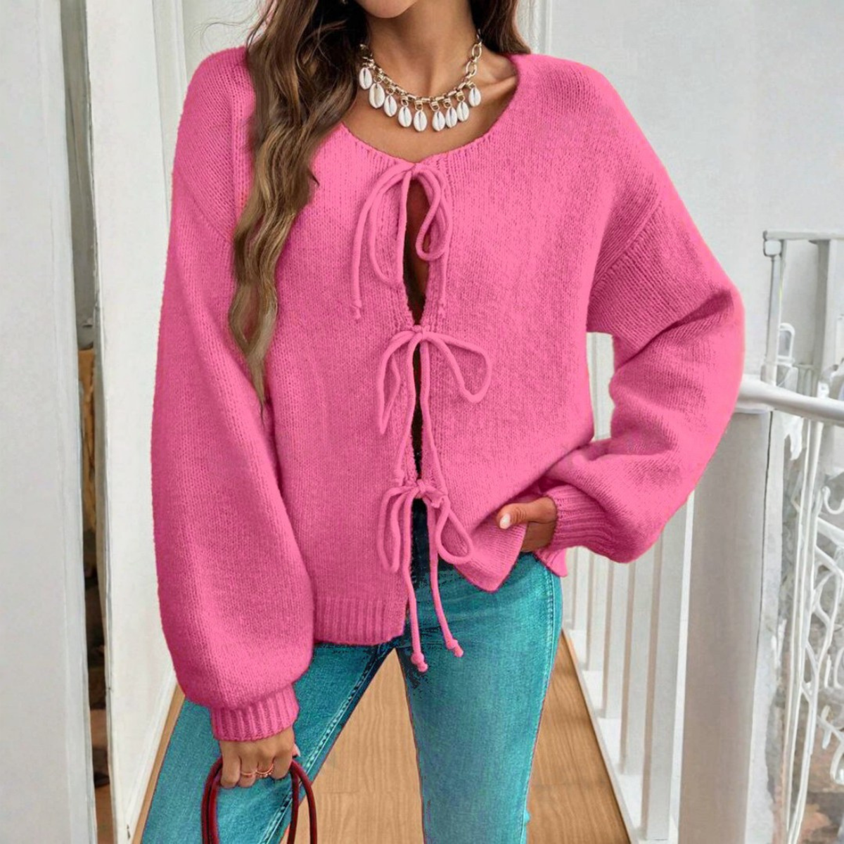ADRIENNE™ - Chic Long Sleeve Round Neck Tie Front Cardigan