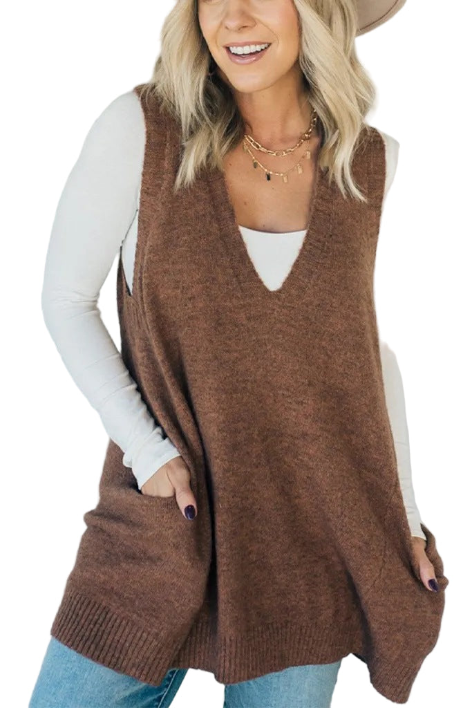 AMBER™ - Casual Sleeveless V Neck Tunic Knit Vest with Side Pockets