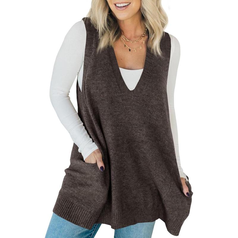 AMBER™ - Casual Sleeveless V Neck Tunic Knit Vest with Side Pockets