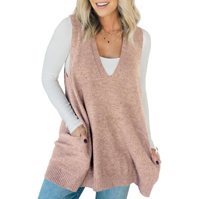 AMBER™ - Casual Sleeveless V Neck Tunic Knit Vest with Side Pockets
